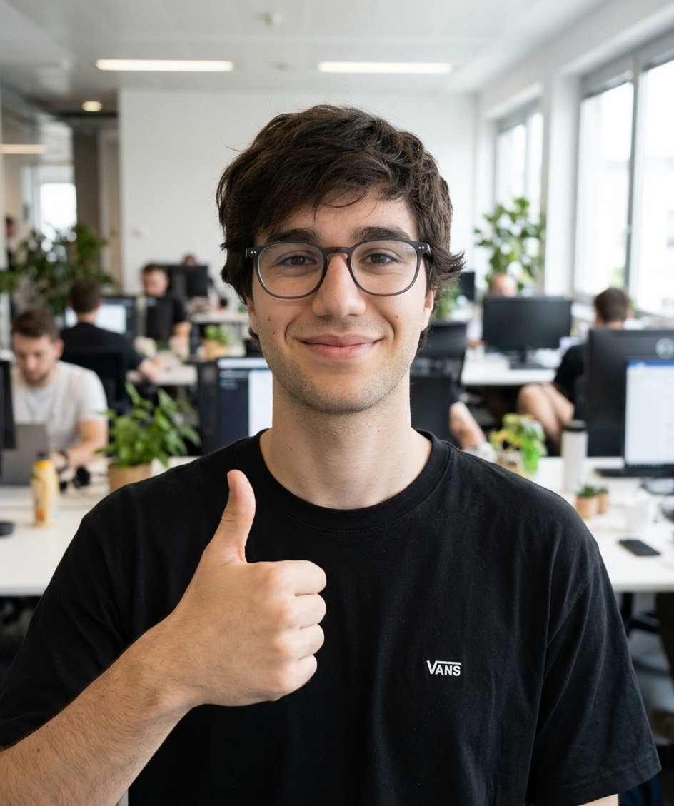 Felipe sorrindo e fazendo sinal de positivo num escritório de tecnologia