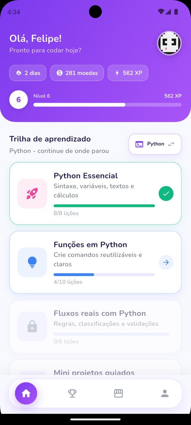 Tela inicial do Buggo com a trilha de Python, XP e moedas